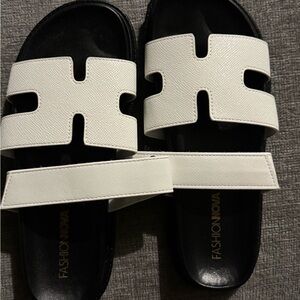 Fashion Nova White and Black Two-Tone Slide Sandals